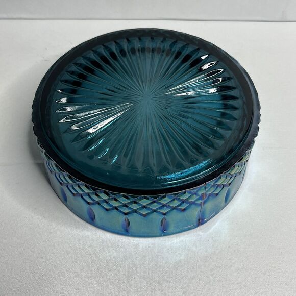 Vintage Indiana Glass Princess Blue Carnival Iridescent Candy Dish With Lids - Picture 8 of 10